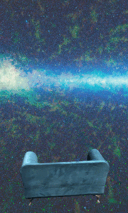 COZMIC COUCH floating in a star field